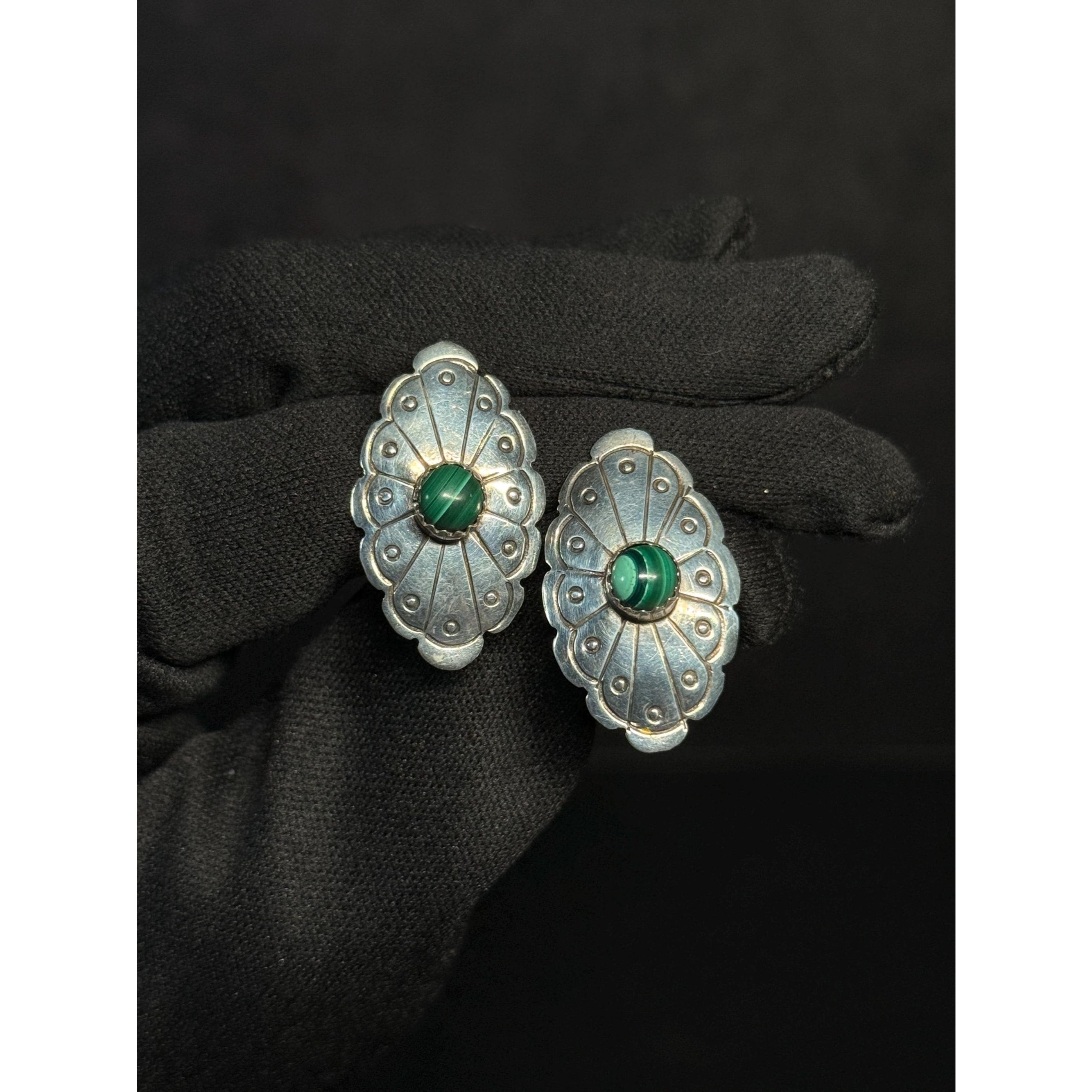 Rose Castillo Navajo Sterling Silver Malachite Studs Earrings Native American